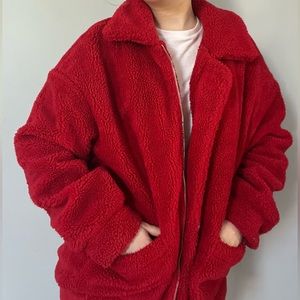 sherpa bright red fuzzy zip up jacket!